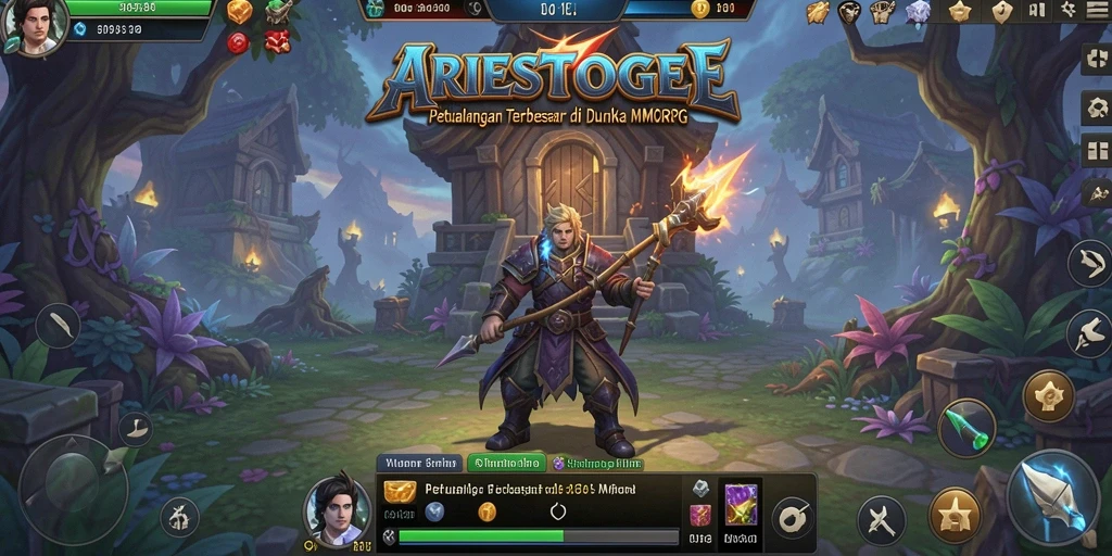 Screenshot gameplay ARIESTOGEL yang menampilkan pertarungan epik di dunia MMORPG.