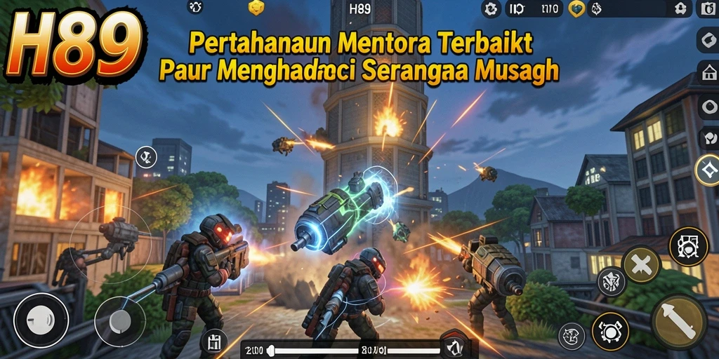 Tangkapan layar H89 menampilkan aksi pertahanan menara yang seru.