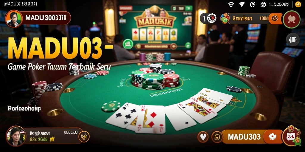 Screenshot gameplay MADU303 menampilkan suasana meja Poker yang seru.